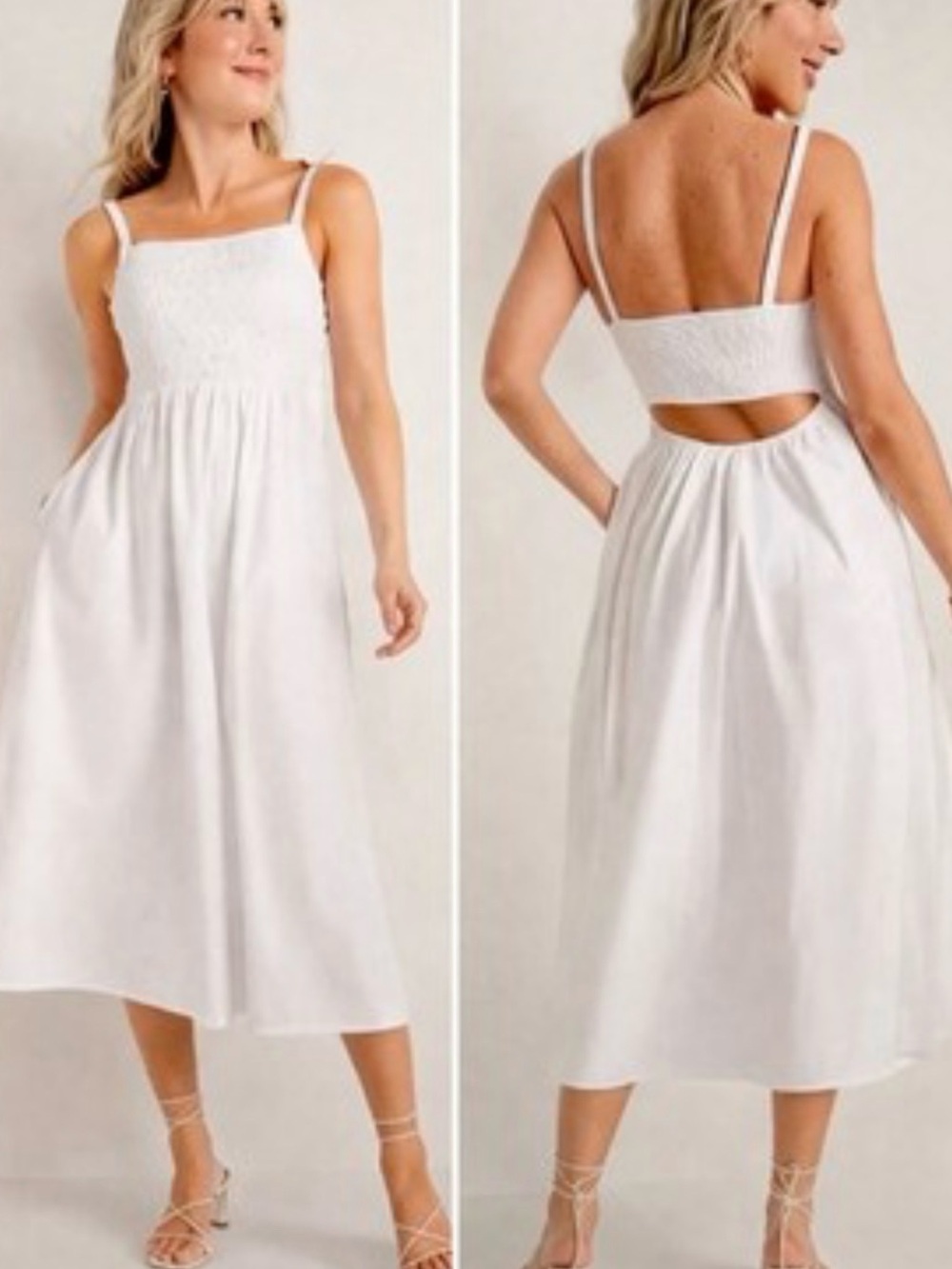 Old Navy Smocked Midi Poplin Dress Open Back Fit & Flare Sleeveless White Cotton